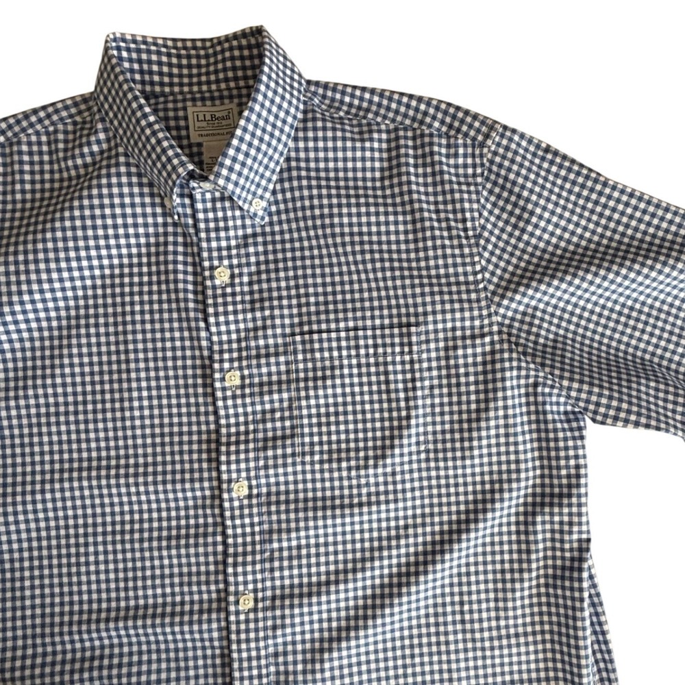 LL Bean Mens Large Tall Gingham Button Down Shirt Blue White Cotton